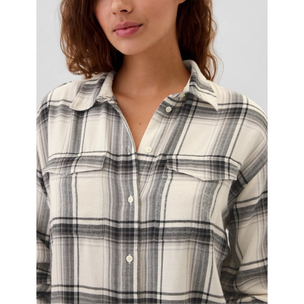 NWT GAP Black & White Plaid Button Front Patch Pockets Relaxed Flannel Shirt - Picture 4 of 8